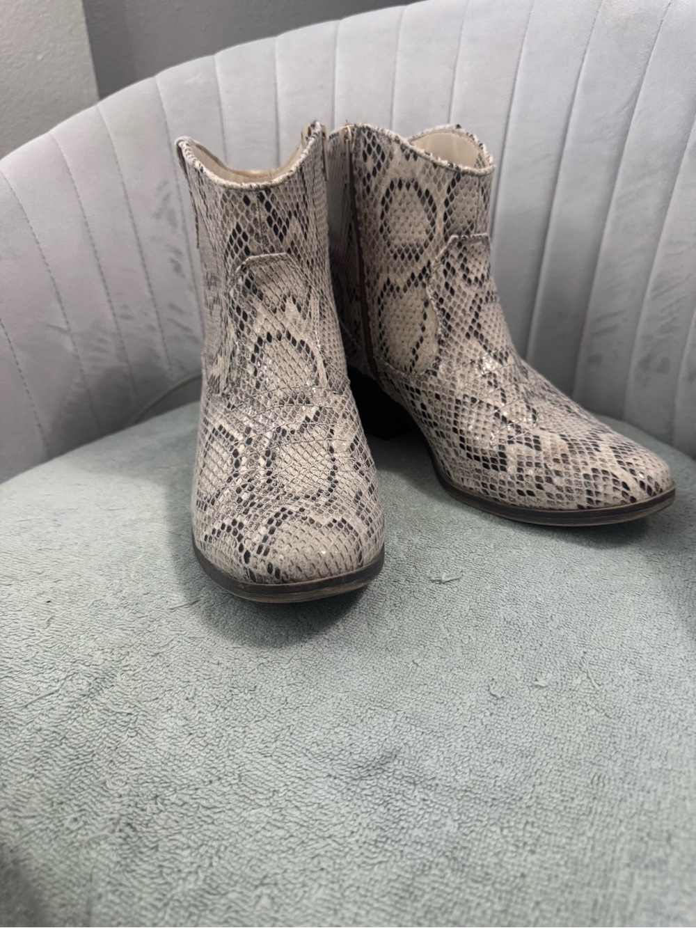 Rampage Snake-Print Ankle Booties in Beige and Black